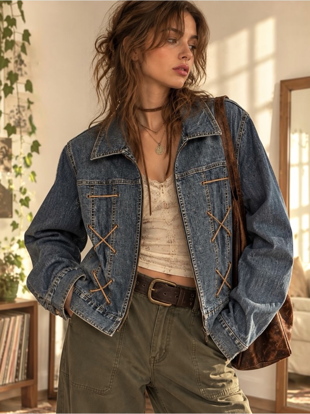 Vintage Lace Up Corset Denim Jacket Zipper Front Y2K Western Moto Indie 90s M